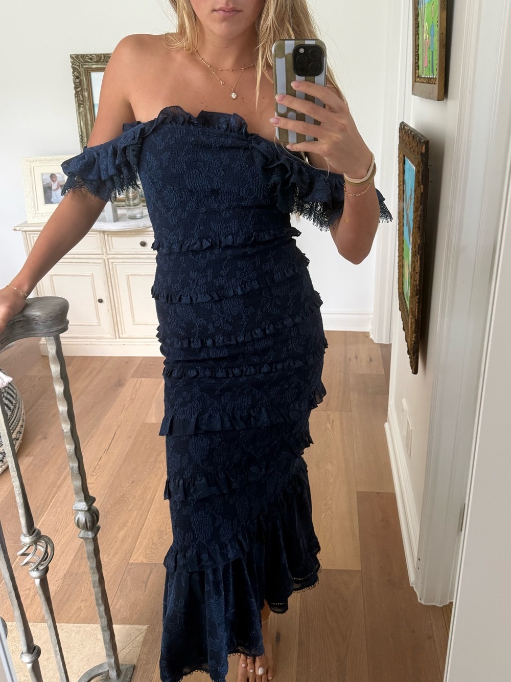 Elegant One-Shoulder Navy Ruffle Lace Maxi Dress